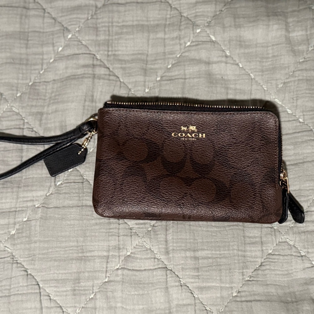 Coach Dark Brown Wristlet with Black Strap
